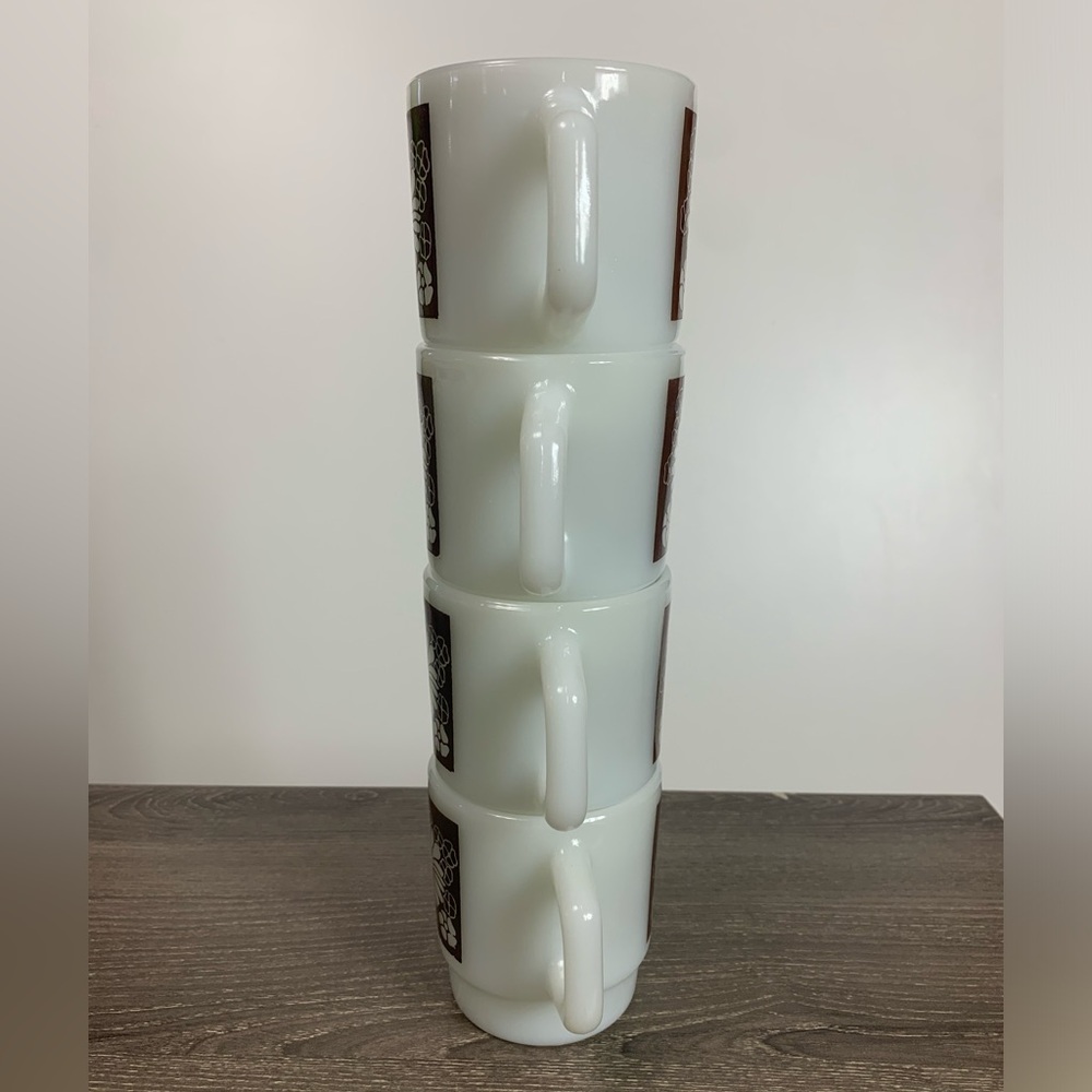 Vtg Anchor Floral Milk Glass Stackable Coffee Mugs USA Oven Proof Brown Lot Of 8 - Picture 4 of 15